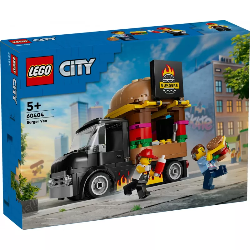 LEGO City Burger Van – maisto sunkvežimio žaislas 5 metų ir vyresniems berniukams ir mergaitėms, transporto priemonės konstravimo rinkinys su virtuvės komplektu, pardavėjo minifigūrėle ir aksesuarais