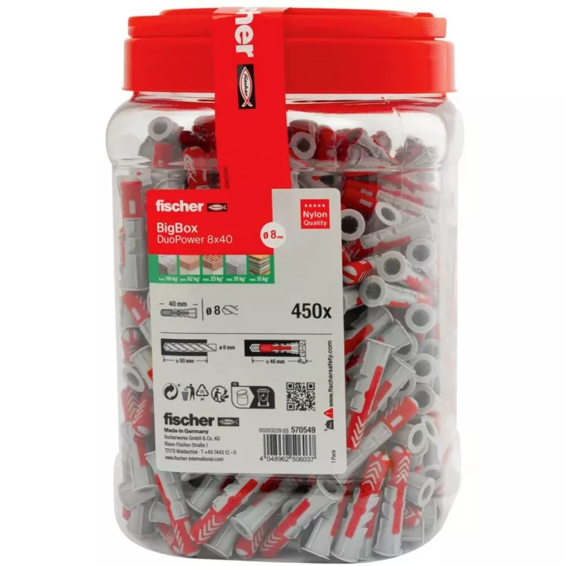 fischer Universalus kaištis DUOPOWER 8x40 BigBox šviesiai pilkas/raudonas 450 vnt. užsegamas (570549)
