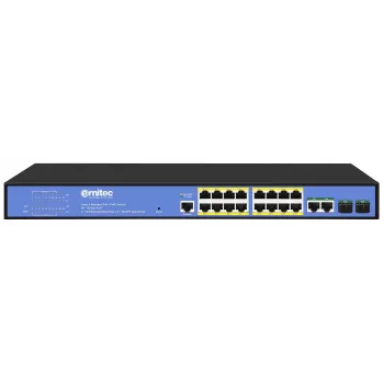 Tinklo komutatorius ERNITEC ELECTRA-M16-1GB-285W — 16 prievadų Layer 2+ su 2 x Gigabit RJ45, 285 W galia