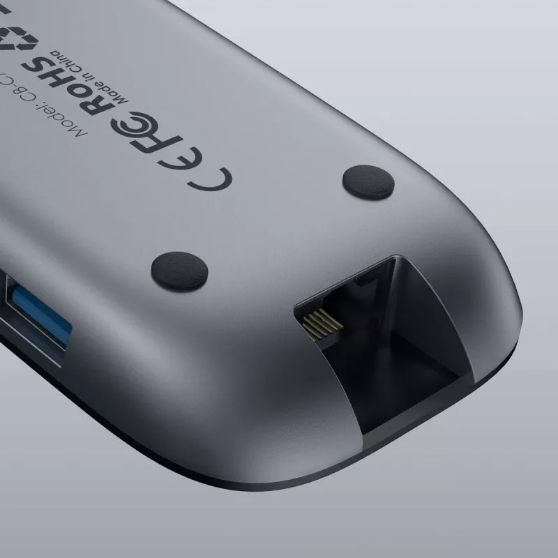 Nešiojamojo kompiuterio dokas AUKEY CB-C71 — 3x USB‑C (USB 3.2 Gen1), HDMI, RJ‑45, MicroSD, USB PD 100 W, 0,15 m kabelis, juodas