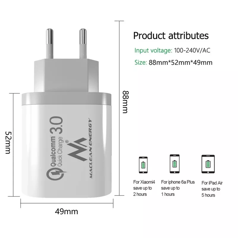 Sieninis įkroviklis MACLEAN MCE479W — 3 prievadų USB greitasis įkroviklis, 18W bendra galia