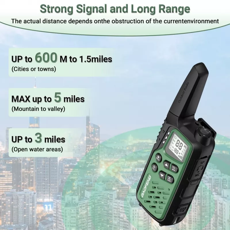Nešiojama racija Baofeng BF-T25E — 16 kanalų, 2×1400 mAh Li‑Ion, VOX, LCD, žalia, 2 vnt. rinkinys