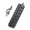 USB 3.2 Gen1 7 prievadų šakotuvas su atskirais jungikliais, juodas