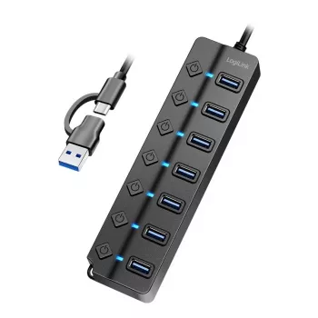 USB 3.2 Gen1 7 prievadų šakotuvas su atskirais jungikliais, juodas