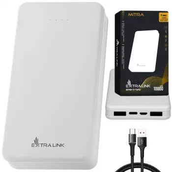Išorinė baterija Extralink EPB-078W 10000 mAh balta, USB-C, 10 W išvestis, įkrauna iki 2 įrenginių