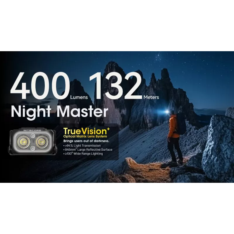 Priekinis žibintas Nitecore NU25 MCT – įkraunamas priekinis žibintas, iki 400 liumenų, kompaktiškas belaidis apšvietimas