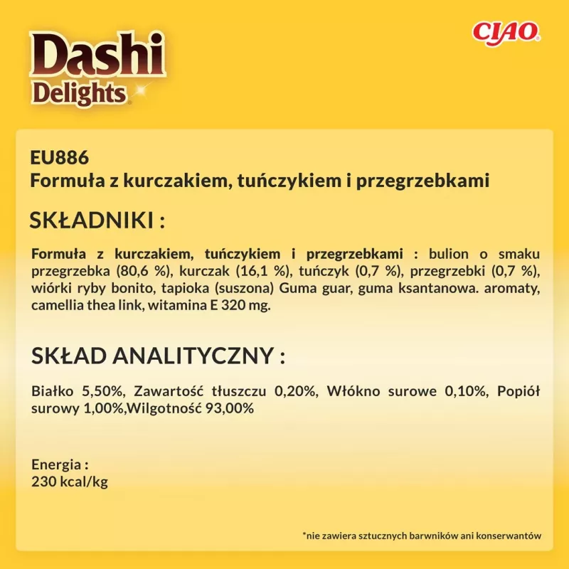 Šlapias kačių skanėstas INABA Dashi Delights — Vištiena su tunu ir šukutėmis, 40 g pakelis, 93 % drėgmės, 5,5 % baltymų