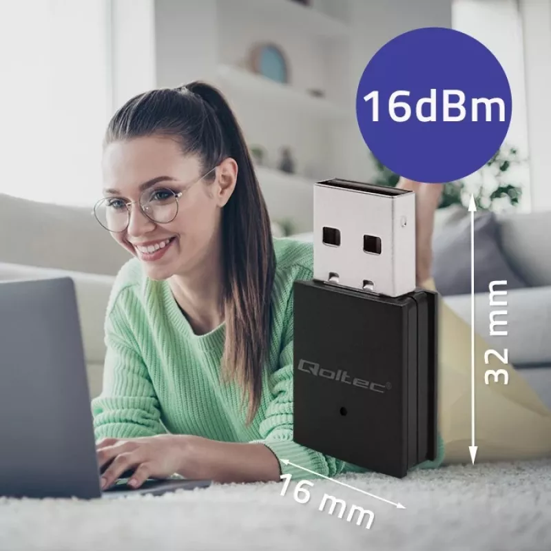 Belaidis mini USB Wi‑Fi adapteris QOLTEC 57007 — Vienos juostos 2,4 GHz, iki 150 Mbps, vidinė antena
