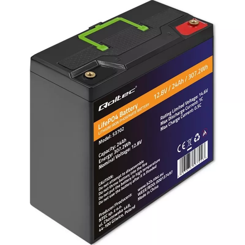 Qoltec 53702 LiFePO4 ličio geležies fosfato baterija | 12,8 V | 24 Ah | 307,2 Wh | BMS