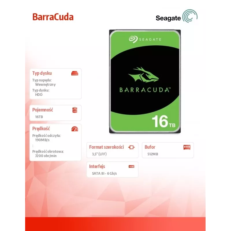 Seagate Barracuda 16 TB vidinis kietasis diskas 7200 RPM 512 MB 3.5 colio Serial ATA