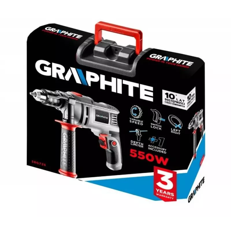 Graphite 58G725 grąžtas 3000 RPM su raktu, pilkas
