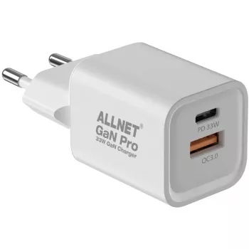 ALLNET maitinimo adapteris PSU-GaNPD-USB-1A1C-33W — 33W USB-C PD ir USB-A QC įkroviklis, EU kištukas