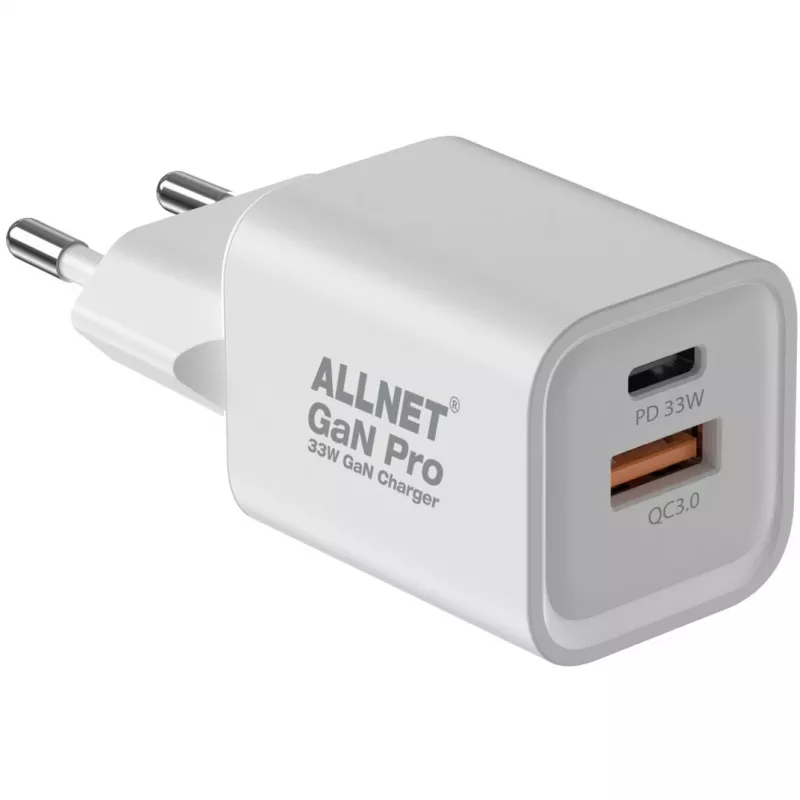 ALLNET maitinimo adapteris PSU-GaNPD-USB-1A1C-33W — 33W USB-C PD ir USB-A QC įkroviklis, EU kištukas