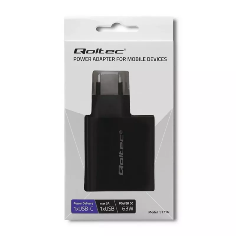 Maitinimo adapteris QOLTEC 51716 — 220–240 V kintamoji srovė į 20 V 3 A (63 W), juodas, vidaus universalus įkroviklis