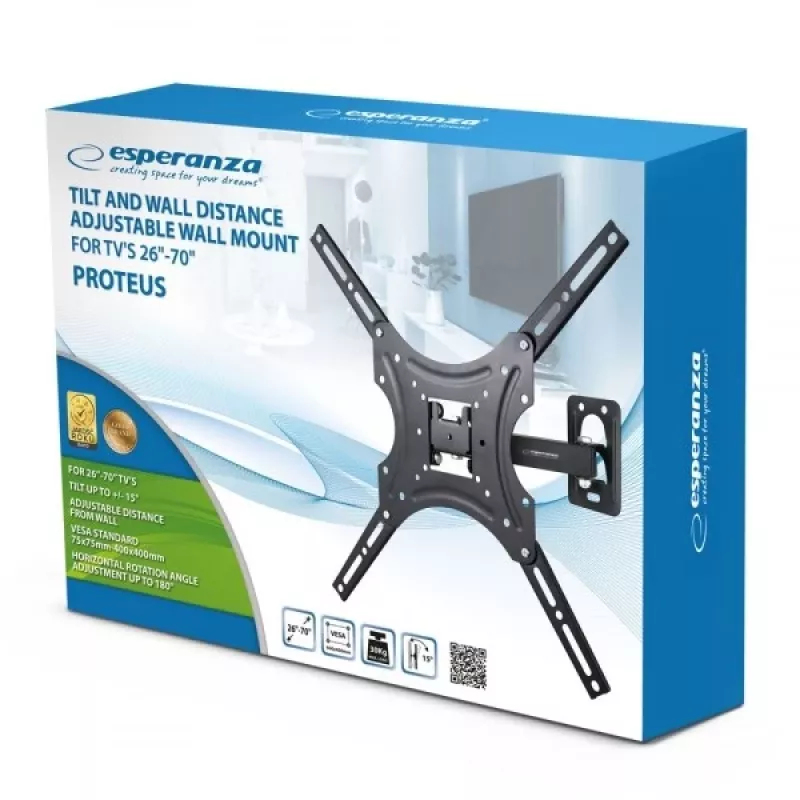 TV wall mount ESPERANZA PROTEUS for 26–70 inch (66–177.8 cm), tilt ±15°, swivel 120°, VESA 75×75–400×400, max load 55 kg, Juoda
