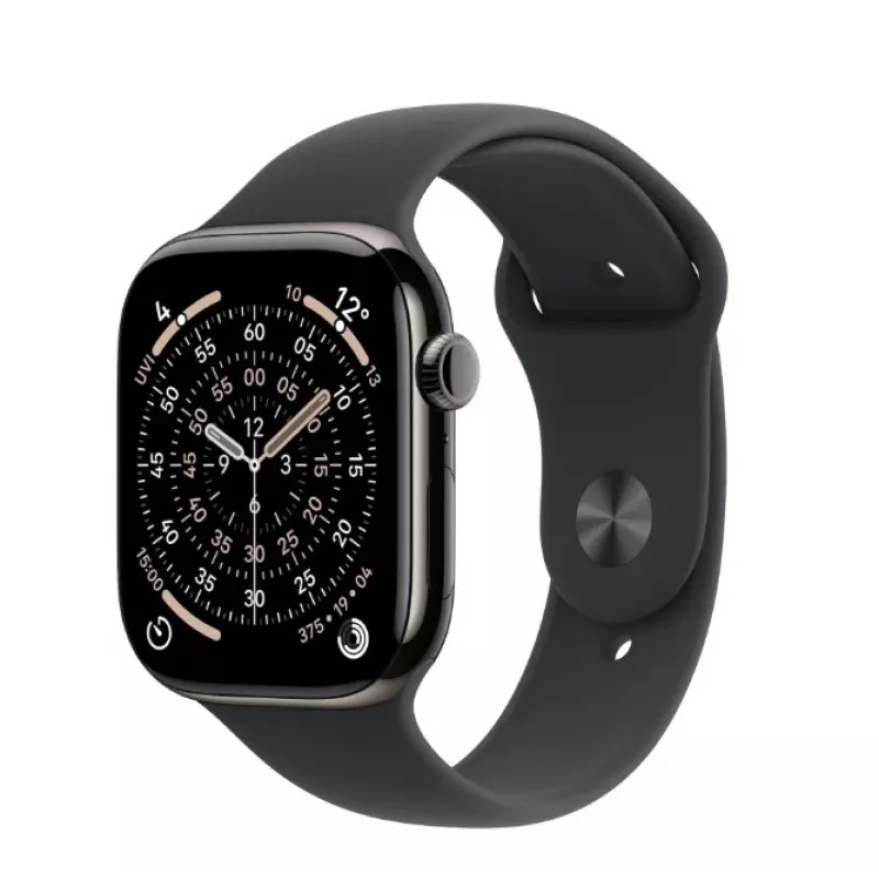 Išmanusis laikrodis „Apple Watch Series 11“ GPS + Cellular 46 mm, tamsiai pilkas titano korpusas, juodas sportinis dirželis M/L
