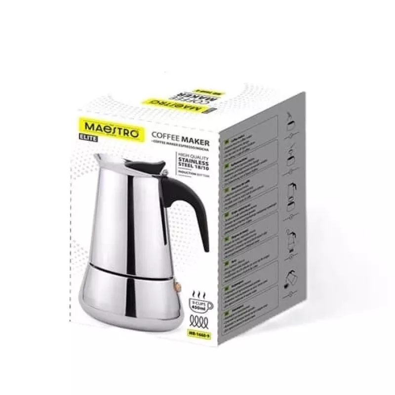Moka pot Maestro MR-1660-9, kavos virimo aparatas ant viryklės 6 puodeliams, juodas