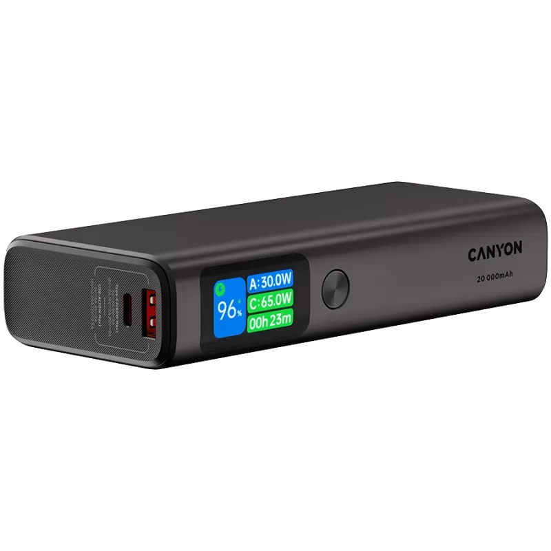 Canyon OnPower 230 TFT išorinė baterija, 20000 mAh, PD 130 W, 2x USB-C + USB-A, metalinis korpusas, tamsiai pilka