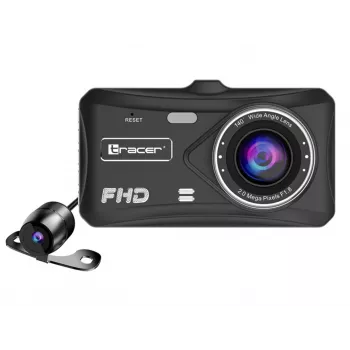 Vaizdo registratorius TRACER 4TS Full HD dviejų kanalų prietaisų skydelio kamera, 2 MP pagrindinė, 0,4 MP salono, 140°/60° kampai, 4 colių IPS ekranas, 150 mAh baterija, aliuminio korpusas, stovėjimo pagalba