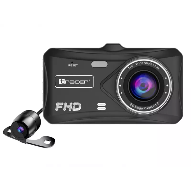 Vaizdo registratorius TRACER 4TS Full HD dviejų kanalų prietaisų skydelio kamera, 2 MP pagrindinė, 0,4 MP salono, 140°/60° kampai, 4 colių IPS ekranas, 150 mAh baterija, aliuminio korpusas, stovėjimo pagalba