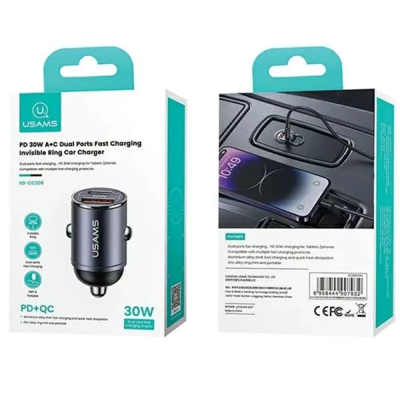 Automobilinis kroviklis usams C38 30W — 1x USB-A + 1x USB-C greitas įkrovimas