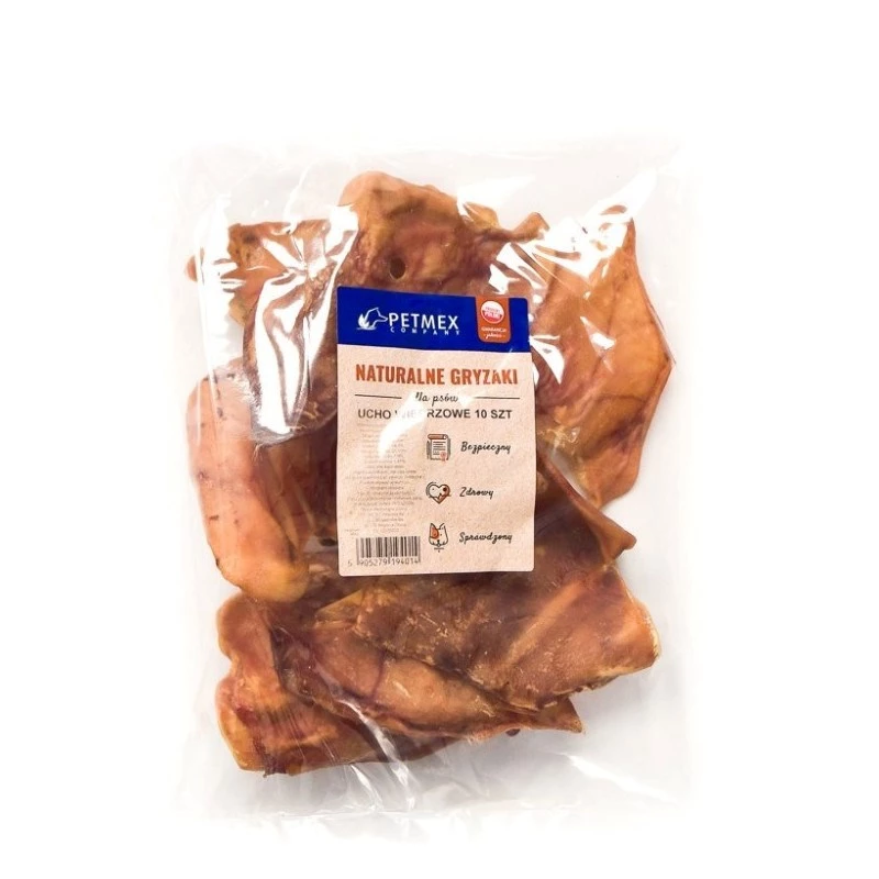 Šunų kramtukas PETMEX Kiaulės ausys, pakuotė 10 vnt. · natūralios kiaulės ausys po 40 g · iš viso 400 g · suaugusiems vidutinių ir didelių veislių šunims