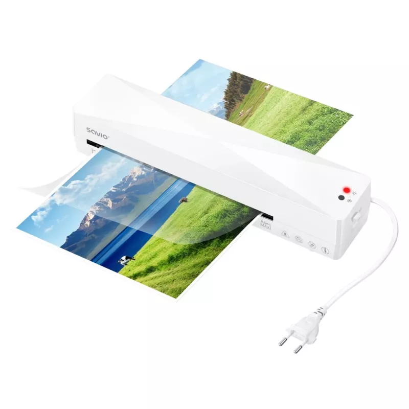 Šalto/karšto laminavimo įrenginys SAVIO LR-01/W — maks. plotis 230 mm, 320 mm/min, 300 W, balta
