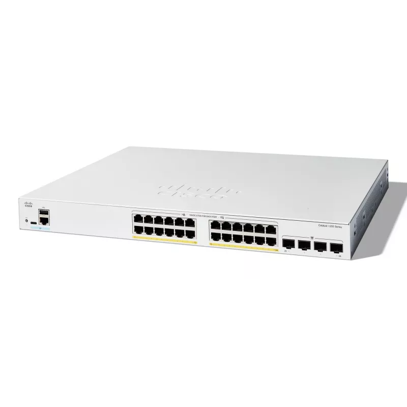 Cisco Catalyst 1200-24FP-4G išmanusis jungiklis, 24 prievadai GE, pilnas PoE, 4x1GE SFP, ribota viso gyvenimo apsauga (C1200-24FP-4G)