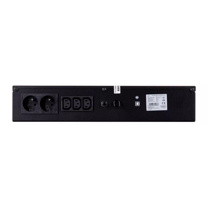 Į stovą montuojamas linijinės sąveikos UPS EVER ECO Pro 1200 AVR CDS, 1,2 kVA (650 W išvestis), 2U, 3× C13, USB-B, AVR, VRLA 12 V 5 Ah ×2