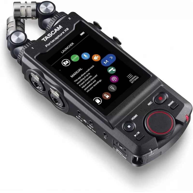 Nešiojamas daugiakanalis garso įrašytuvas Tascam Portacapture X8 — 6 kanalų, 24/32 bitų, iki 96 kHz, 4 XLR/TRS kombinuotos įvestys, SD kortelė, USB‑C, baterija arba tinklas
