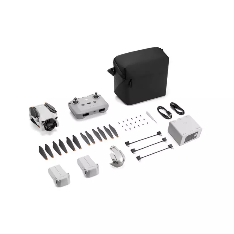Quadcopter DJI Mini 3 Fly More Combo — 4 rotorių dronas, 12 MP 4K kamera, 10 000 m atstumas, 10,55 m/s maks. greitis, 2453 mAh baterija, 0,248 kg, pilka