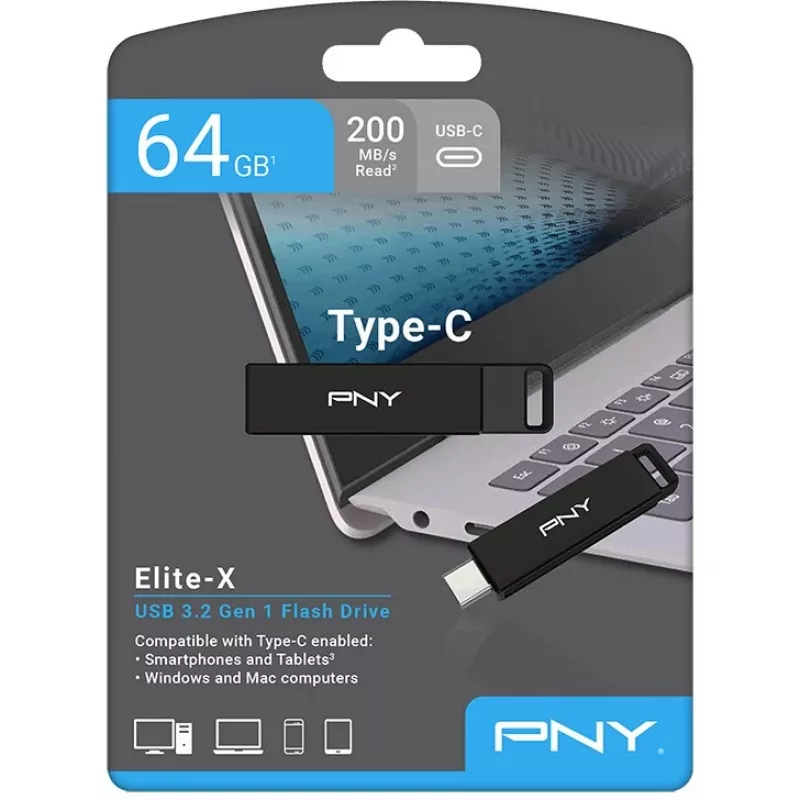 PNY Elite-X USB atmintukas 64 GB USB Type-C 3.2 Gen 1 (3.1 Gen 1) Juodas (P-FDI64GELTXC-GE)
