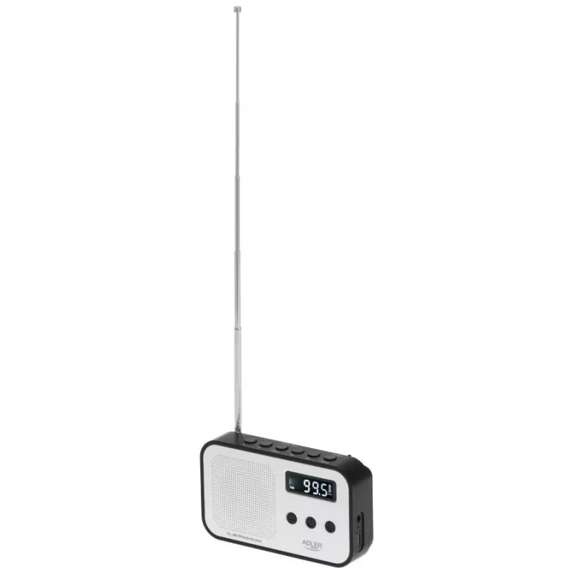 Nešiojamasis skaitmeninis radijas Adler AD 1907 — AM/FM, skaitmeninis imtuvas, žadintuvas, USB-C, 600 mAh baterija, LCD, 20 išsaugotų stočių, teleskopinė antena