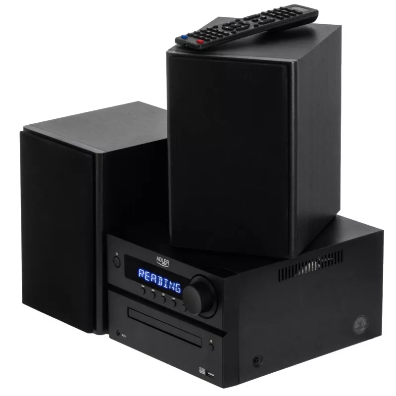Mini Hi-Fi stereosistema Adler AD 1917 — Bluetooth V5.3, CD/USB/MP3, 2×25W RMS, FM imtuvas, 4 juostų ekvalaizeris, AUX, juoda