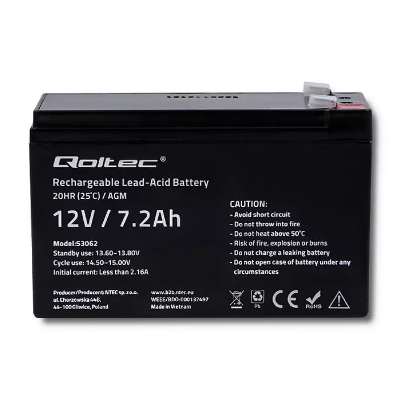 Qoltec 53062 AGM baterija | 12V | 7,2 Ah | maks. 108A