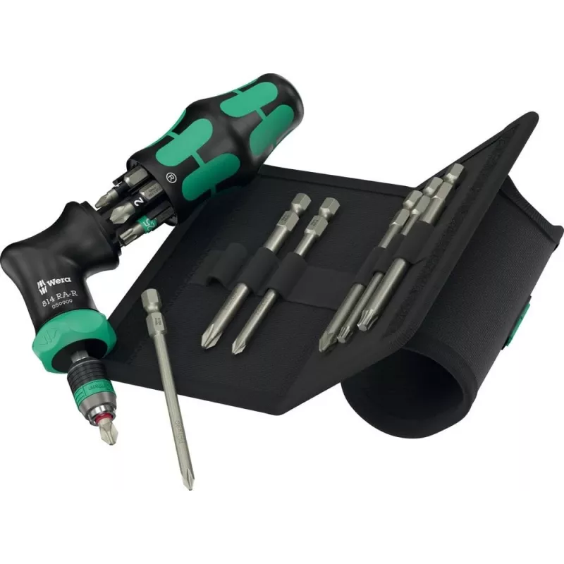 Ratchet screwdriver Wera Kraftform Kompakt Pistol RA‑R 2 with 13 bits, compact ratcheting pistol‑grip design
