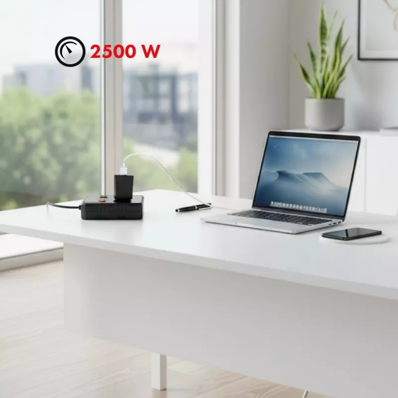 Kištukinis lizdas MACLEAN MCE388 B — 2 kintamosios srovės lizdai, 3×USB A, 110–120V 50/60Hz, 2500W, 3 m laidas, juodas