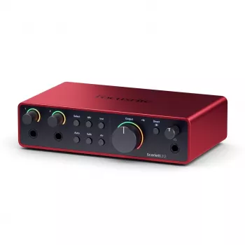 Garso sąsaja Focusrite Scarlett 2i2 4-os kartos — 2 į/2 iš USB-C, 24 bitų/192 kHz, 69 dB priešakiniai stiprintuvai, stalinė, juoda/raudona