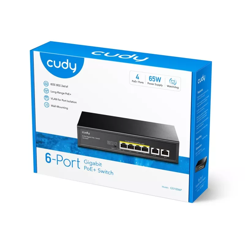 Tinklo komutatorius Cudy GS1006P Nevaldomas Gigabit Ethernet 6 prievadų PoE, 12 Gbit/s, 2048 MAC, juodas