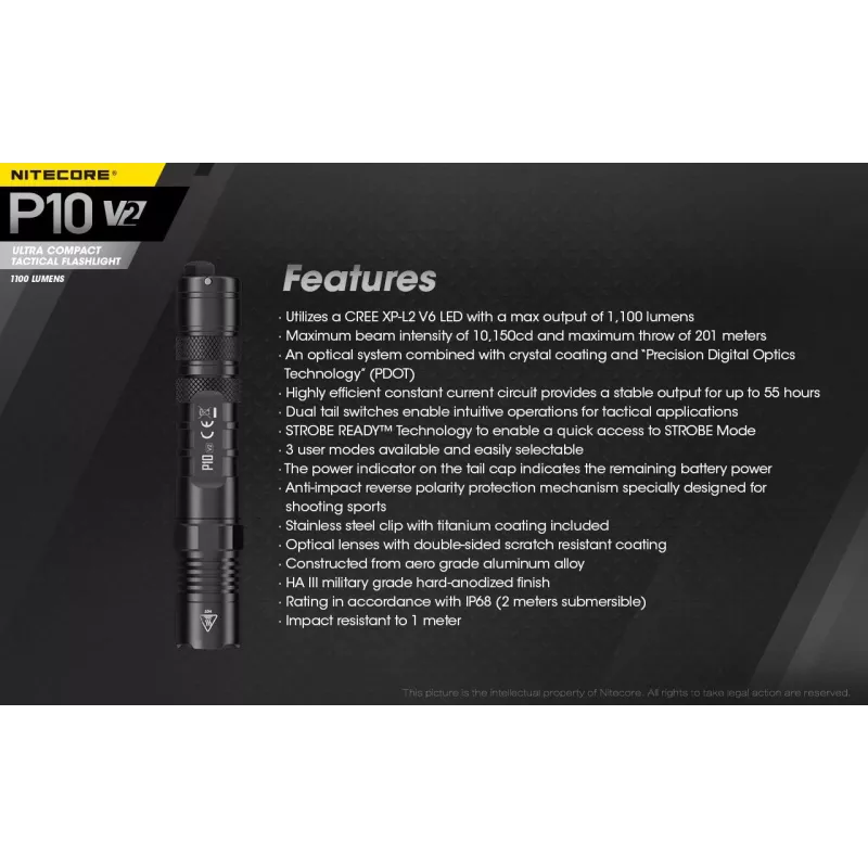Taktinis žibintuvėlis Nitecore P10 V2 — 1000 lm, IP68 atsparus vandeniui, smūgiams, 95 g, suderinamas su 18650/CR123