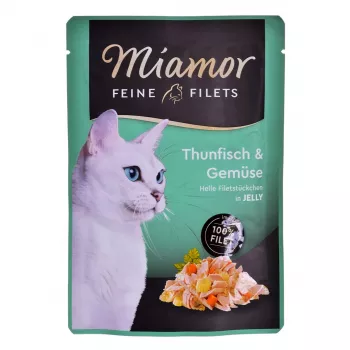 Šlapias kačių maistas Miamor Fine Fillets in Jelly 100 g — žuvis su morka, suaugusioms katėms, pakelis