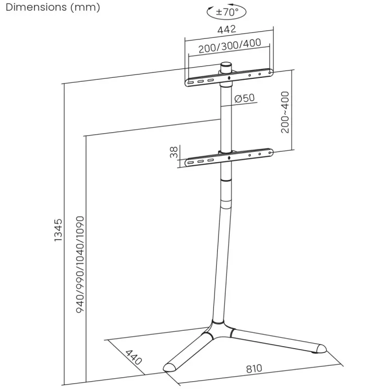 TV grindų stovas MACLEAN MC-494 32–70 colių televizoriams, VESA iki 400×400 mm, maks. apkrova 40 kg, pakreipimas 70°