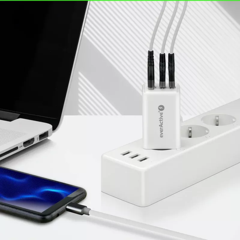 Maitinimo įkroviklis everActive SQ-655Q 65W, 1×USB-A + 2×USB-C greitasis įkrovimas