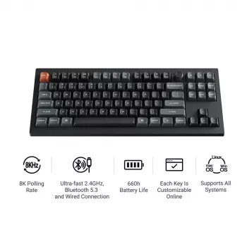 Mechaninė klaviatūra Keychron V3 Ultra 8K — laidinė ir Bluetooth, QWERTY išdėstymas, RGB LED, juoda