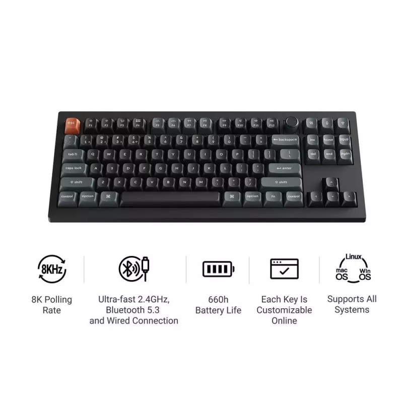 Mechaninė klaviatūra Keychron V3 Ultra 8K — laidinė ir Bluetooth, QWERTY išdėstymas, RGB LED, juoda