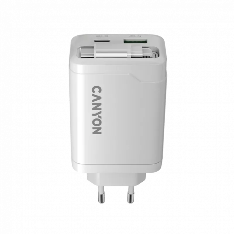CANYON pakrovėjas OnCharge 65RC su įmontuotu USB-C kabeliu 65W, 1x PD, 1x QC, EU kištukas, Baltas