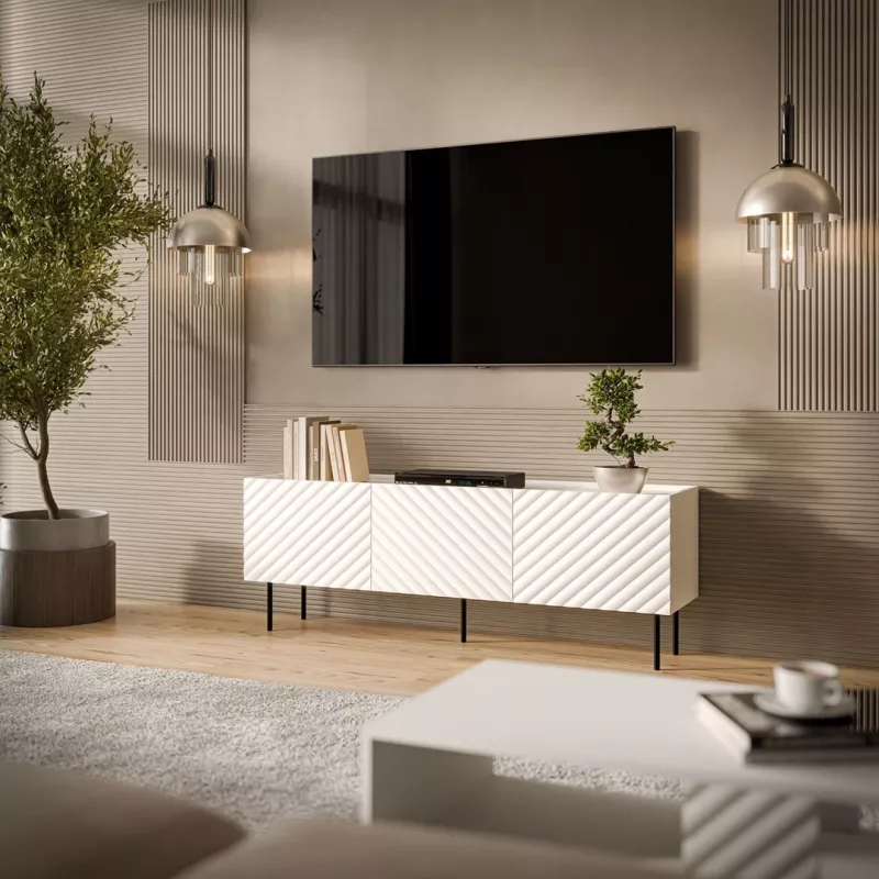 TV spintelė Cama LUCCA 3D 165×40×59 cm, balta, medžio drožlių plokštės viršus