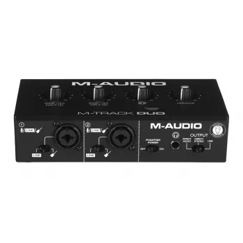 Garso sąsaja M-Audio M-Track Duo — USB 2 į/2 iš, 16 bitų/48 kHz, 1x XLR/TS kombinuotas, 1x instrumento įvestis, fantominis 48 V
