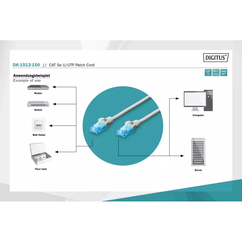 Digitus DK-1512-150 RJ45 tinklo laidas CAT 5e U/UTP pilkas 15m