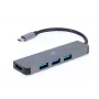 USB-C nešiojamojo kompiuterio dokas GEMBIRD A-CM-COMBO2-01 — USB 3.2 Gen 1 Type-C, 3× USB-A, 1× HDMI, pilkas